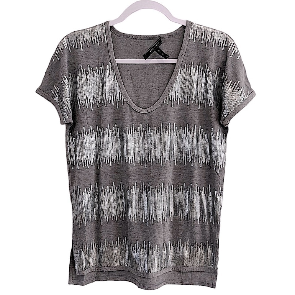 BCBGMAXAZRIA Gray and Silver Sequin V Neck Boxy T Shirt Size XS